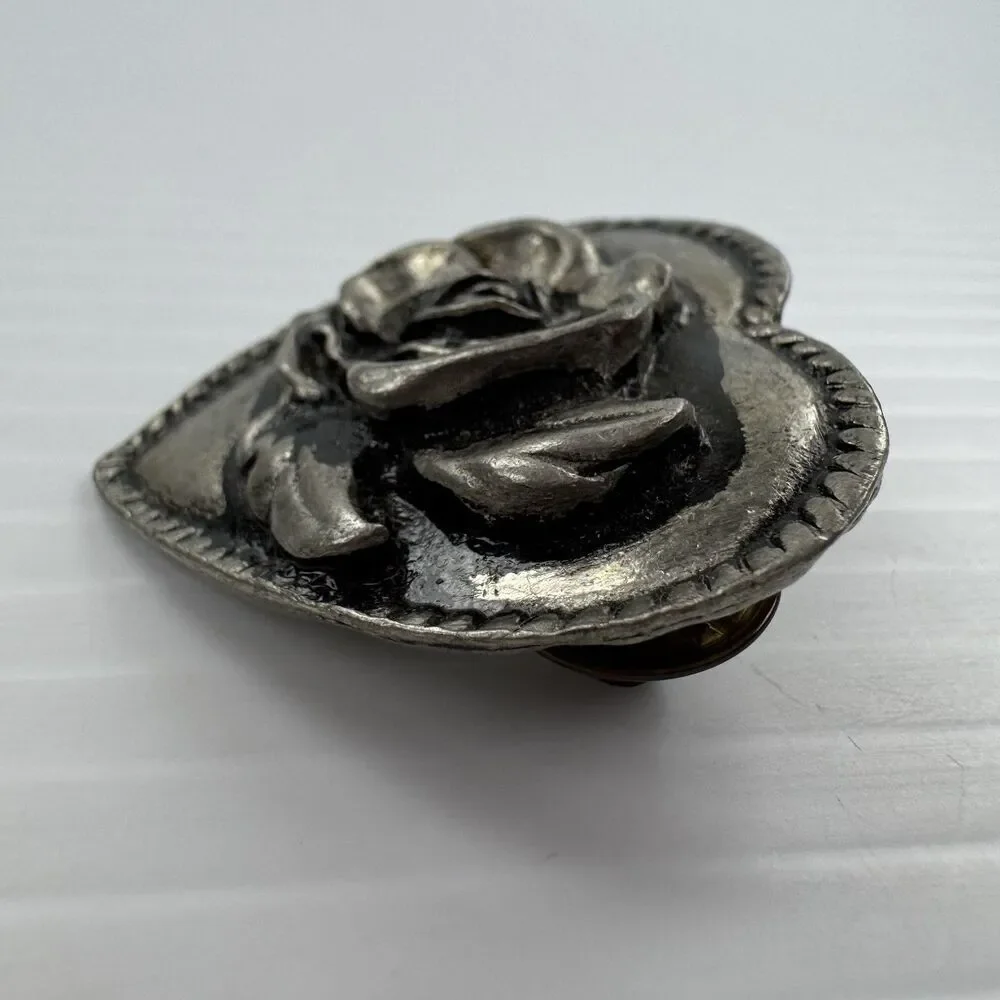 Vintage Heart Rose Brooch Silver Tone Cottagecore Indie Goth Boho Statement Pin